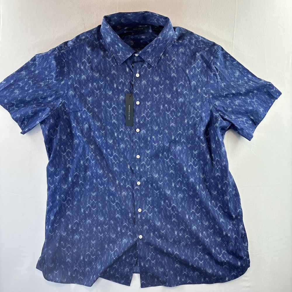 Perry Ellis Short Sleeve Button Up Shirt Men's 2XL NWT Geometric Designs Blue